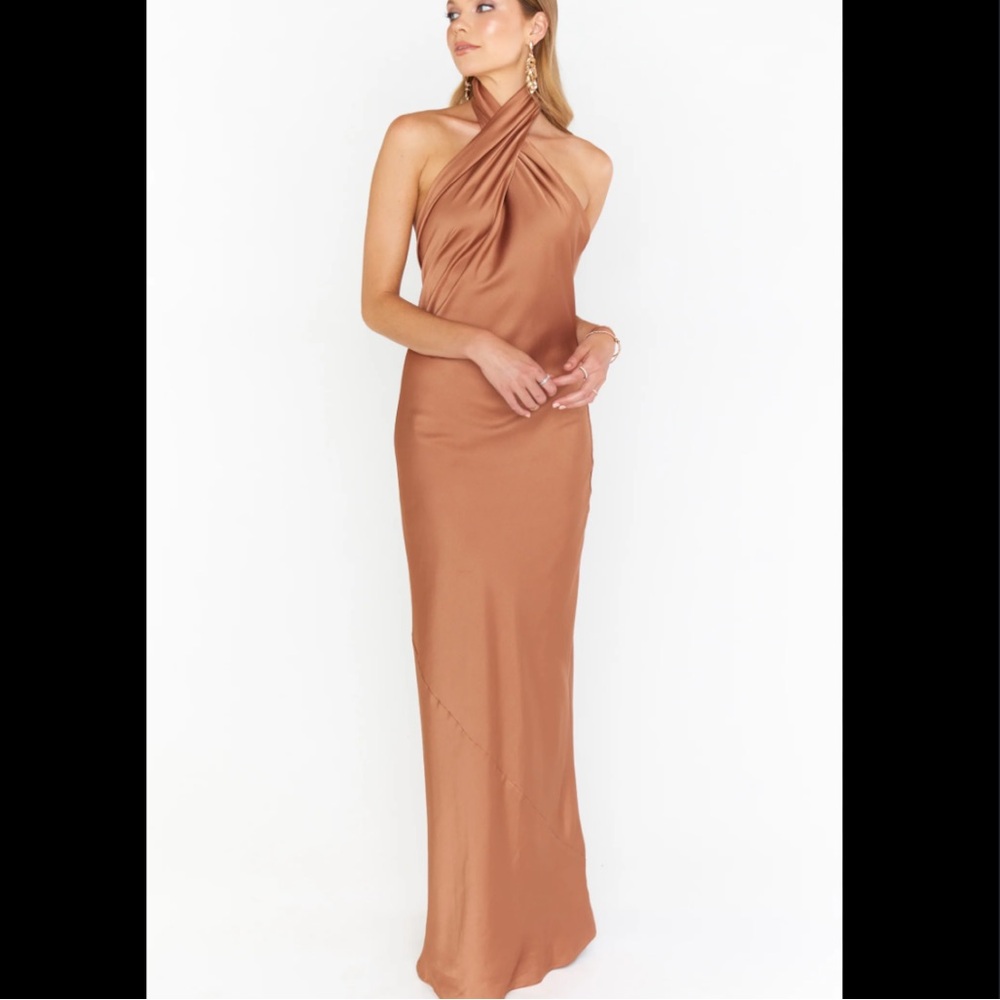 Show Me Your Mumu Jasmine Halter Maxi Dress in Copper Luxe Satin XXS